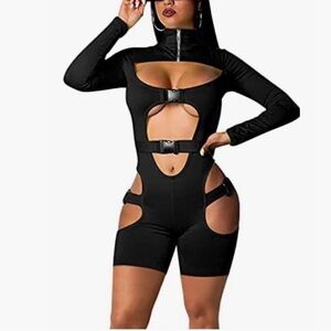 Women's Sexy Hollow Out Jumpsuit, High Neck Long Sleeve Buckle Cut Out Romper